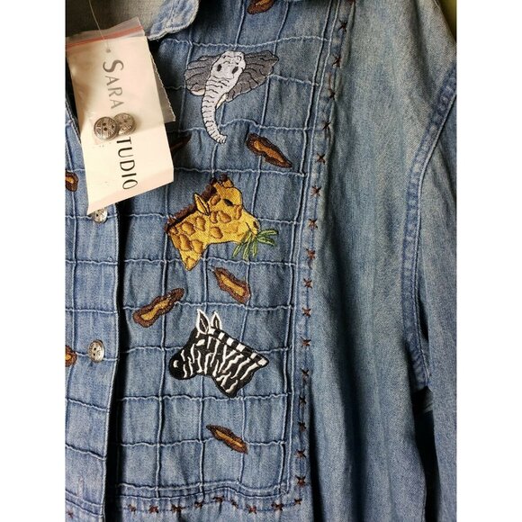 Sara Studio Womens Denim Top S Safari Zoo Animals Vintage Long Sleeve NWT Cotton - Picture 6 of 8